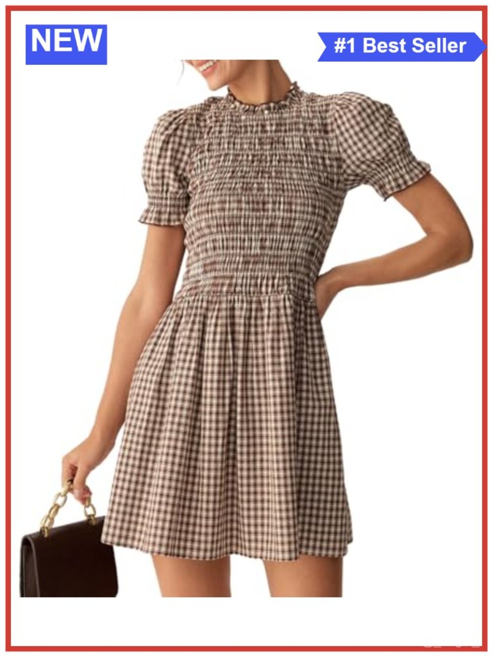 Plaid Gingham Mini Dress Short Sleeve Smocked Cotton Puff Sleeve Boho